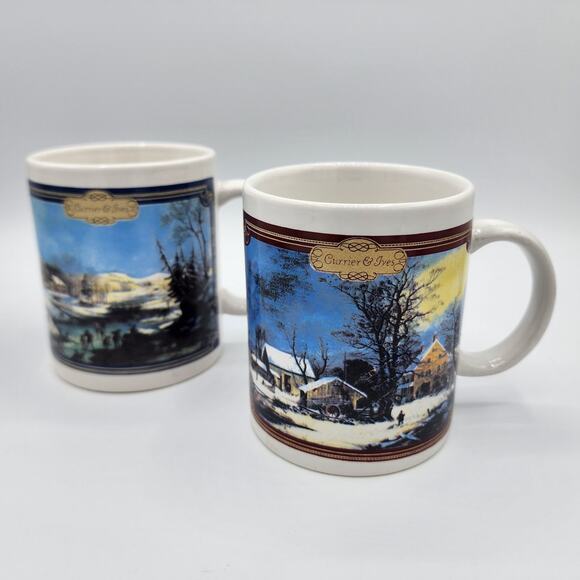 Vintage 1990 Currier & Ives Ceramic Coffee Mug Set, Country Winter Barn & Lake - Picture 3 of 8